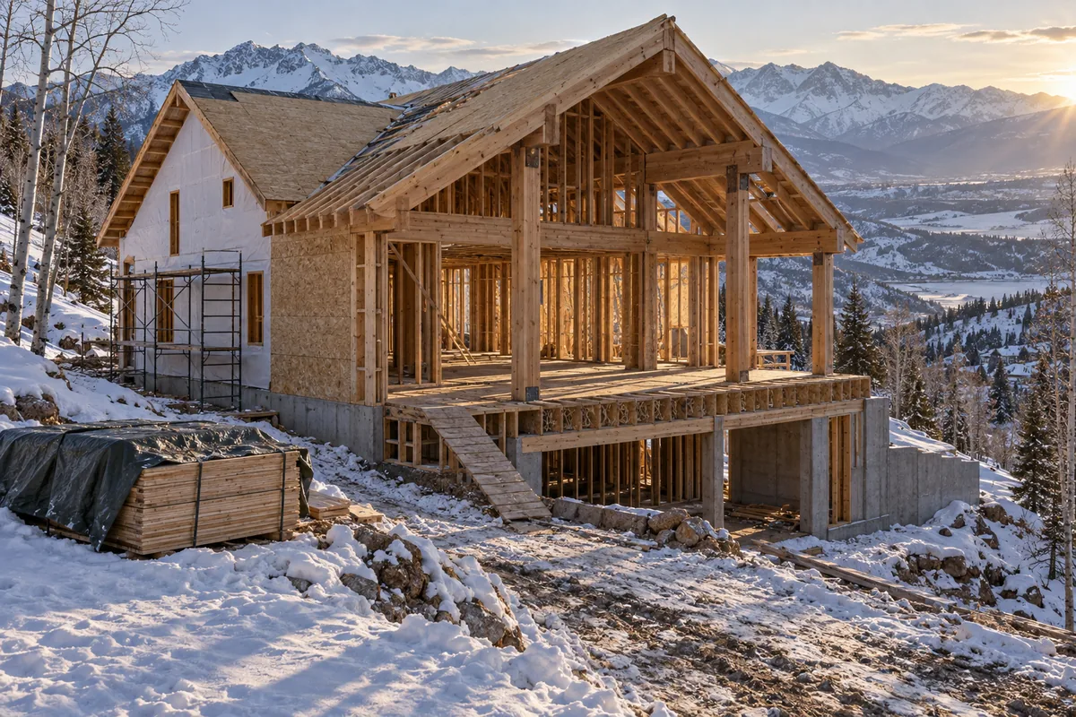 Timber framing of a custom home going up on a mountain lot in mid-winter
