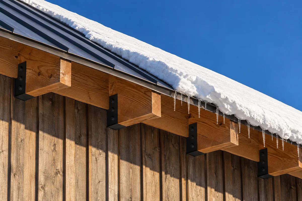 Snow load on a standing-seam roof edge above exposed timber rafter tails
