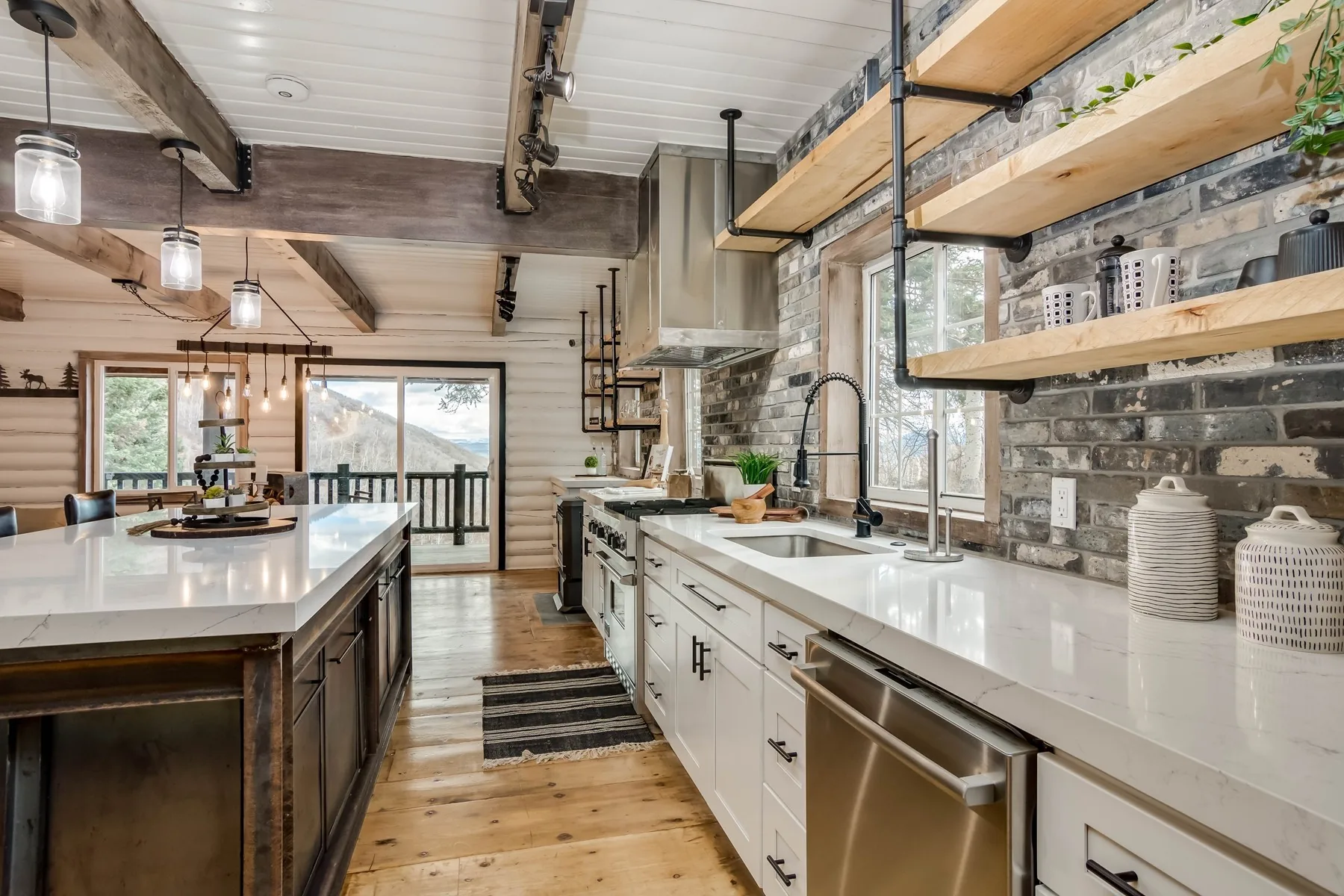 Kitchen with open timber shelving, stone backsplash and a quartz counter